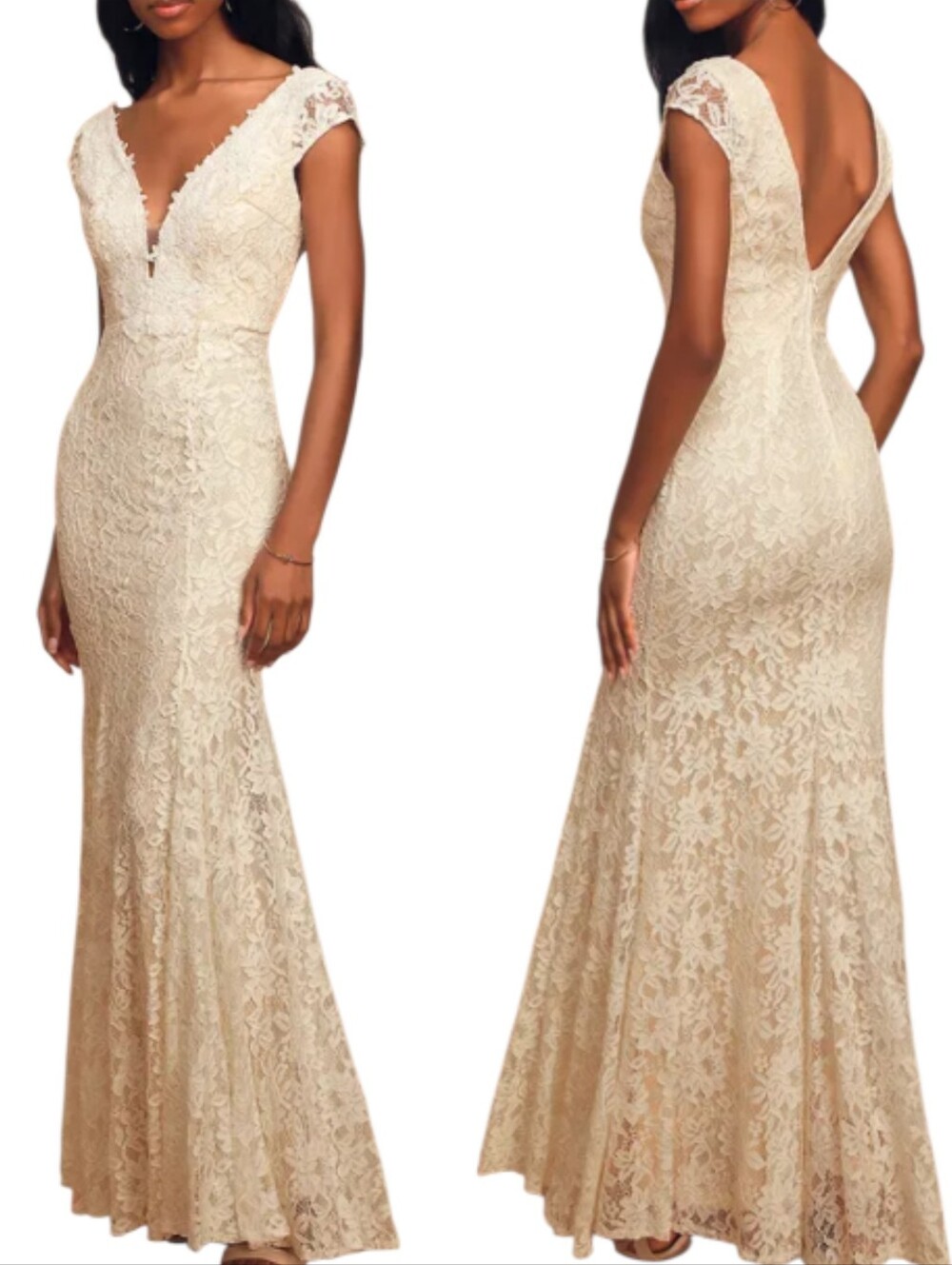 Nwt Lulu's Icing On The Cake Cap Sleeve Deep V Ivory  Floral Lace Wedding Dress - Picture 11 of 17